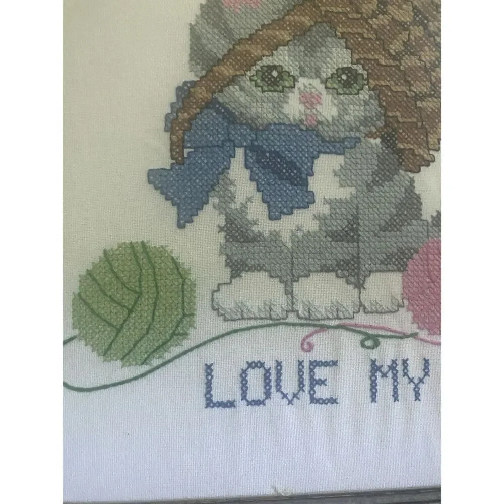 Cross Stitch Love Me Love My Cat In Yarn Basket Handmade Custom Framed Art Knit